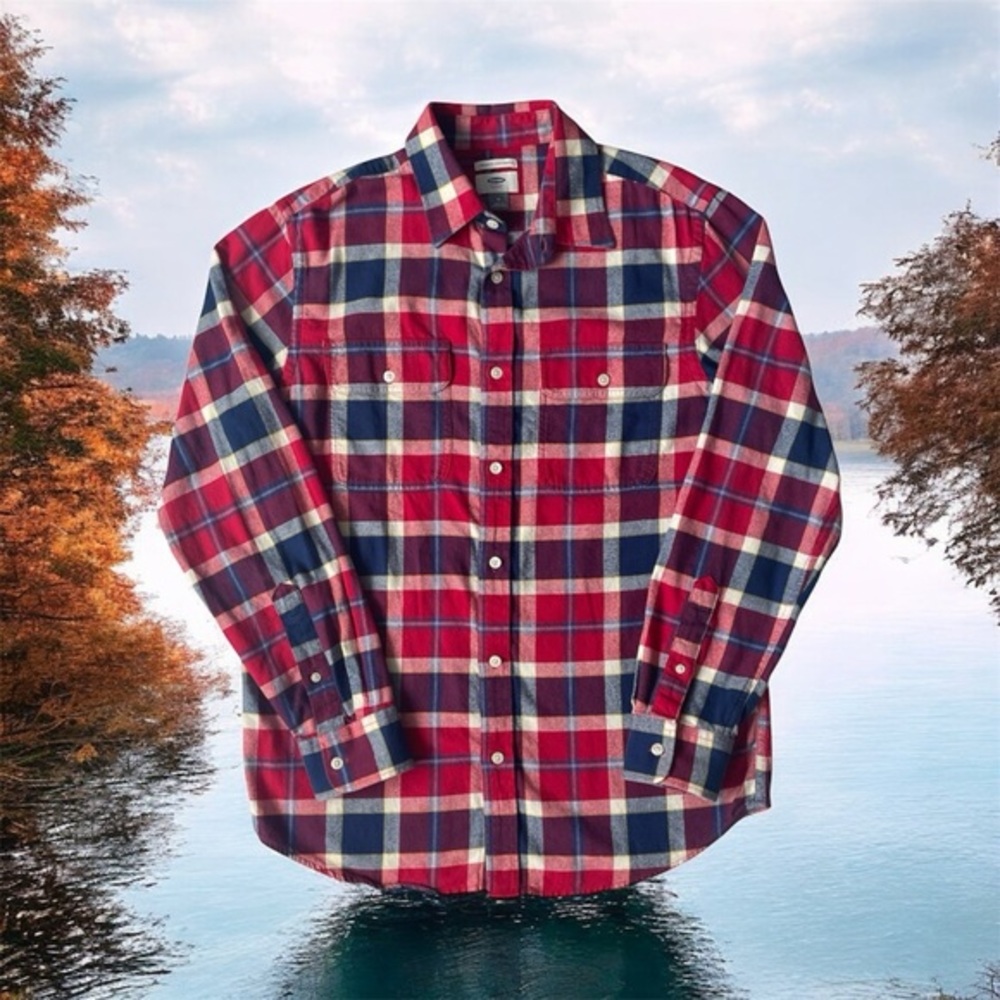 Men's Flannel Long Sleeve Shirt Red Blue Medium